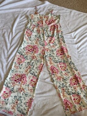 Floral Cream Wide-Leg Jumpsuit with Pink Blooms